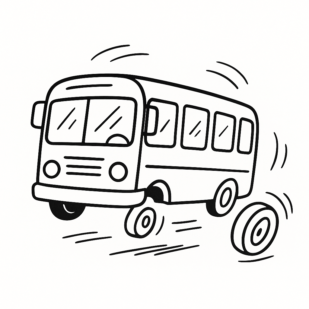 line drawing of bus with wheels falling off